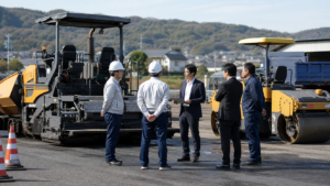 舗装工事会社の重機置場で譲渡側と買い手側が設備を確認している様子