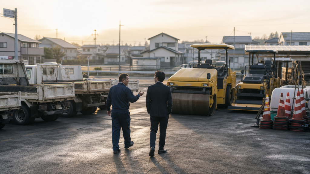 地域の舗装会社の置場で経営者と承継候補者が重機を見ながら話している様子