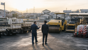 地域の舗装会社の置場で経営者と承継候補者が重機を見ながら話している様子