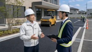 外構舗装の現場で譲渡企業様の代表とM&A担当者が排水勾配や駐車場承継について相談している様子