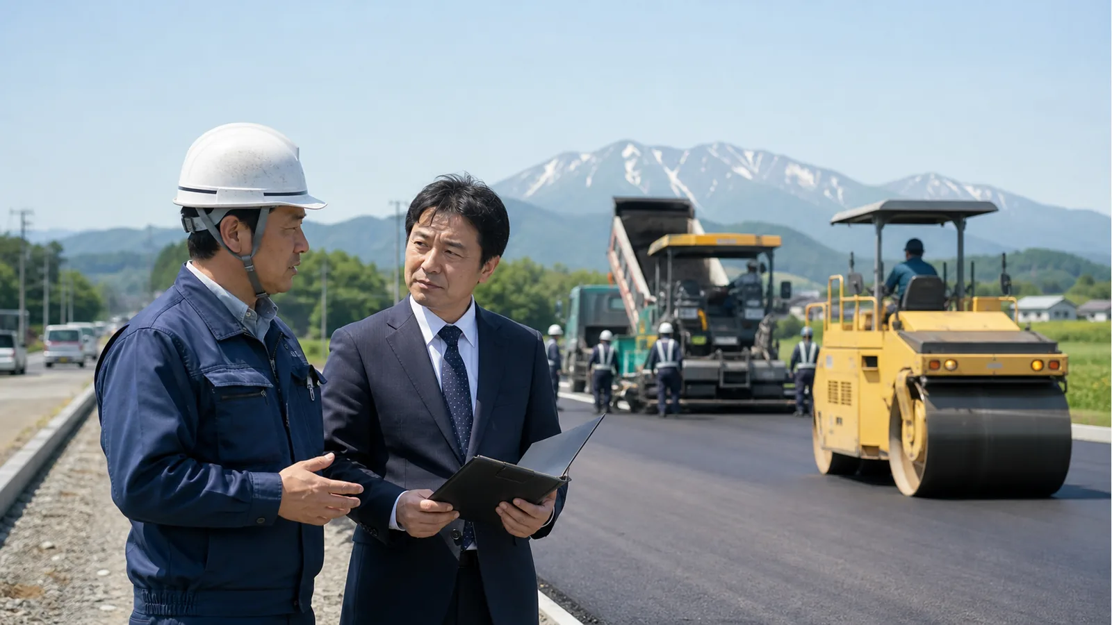 北海道の舗装道路工事現場で承継相談を行う経営者とM&Aアドバイザー