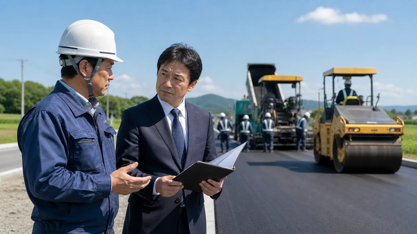 舗装工事現場で経営者とM&Aアドバイザーが承継相談をしている写真