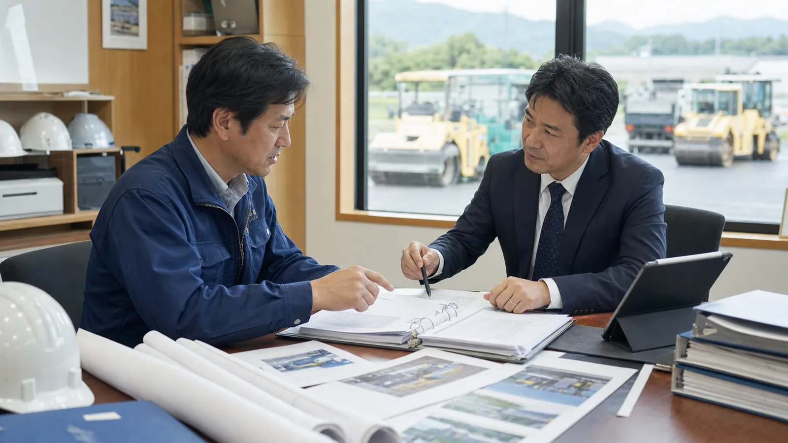 舗装会社の事務所で工事台帳と承継資料を確認する相談写真