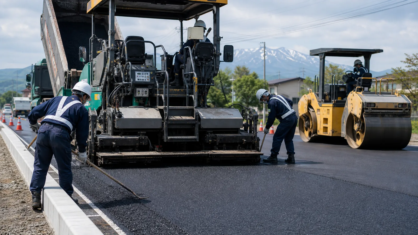 道路舗装の施工班がアスファルト舗装を進める現場写真