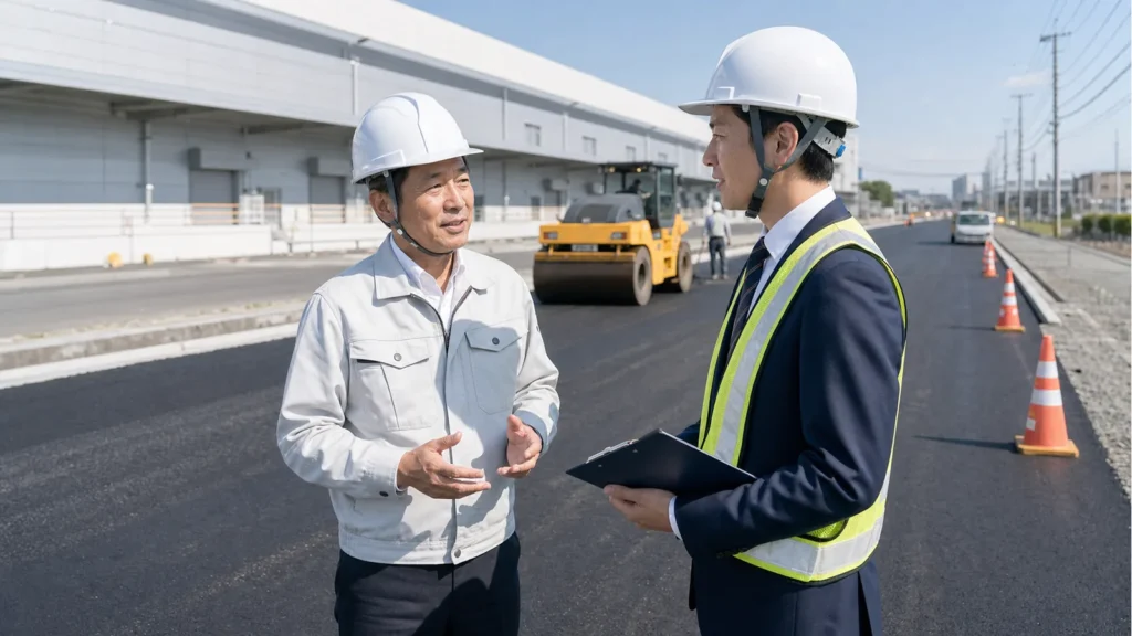 関東圏の道路舗装現場で譲渡企業様の代表とM&A担当者が承継について相談している様子