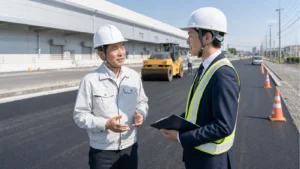 関東圏の道路舗装現場で譲渡企業様の代表とM&A担当者が承継について相談している様子