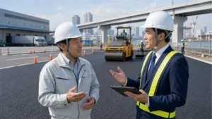 大阪の港湾物流エリアにある舗装現場で譲渡企業様の代表とM&A担当者が承継について相談している様子