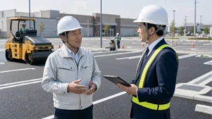 駐車場舗装の現場で譲渡企業様の代表とM&A担当者が事業承継について相談している様子
