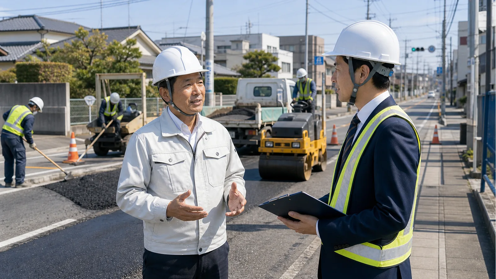 道路維持の小口補修現場で譲渡企業様の代表とM&A担当者が承継について相談している様子