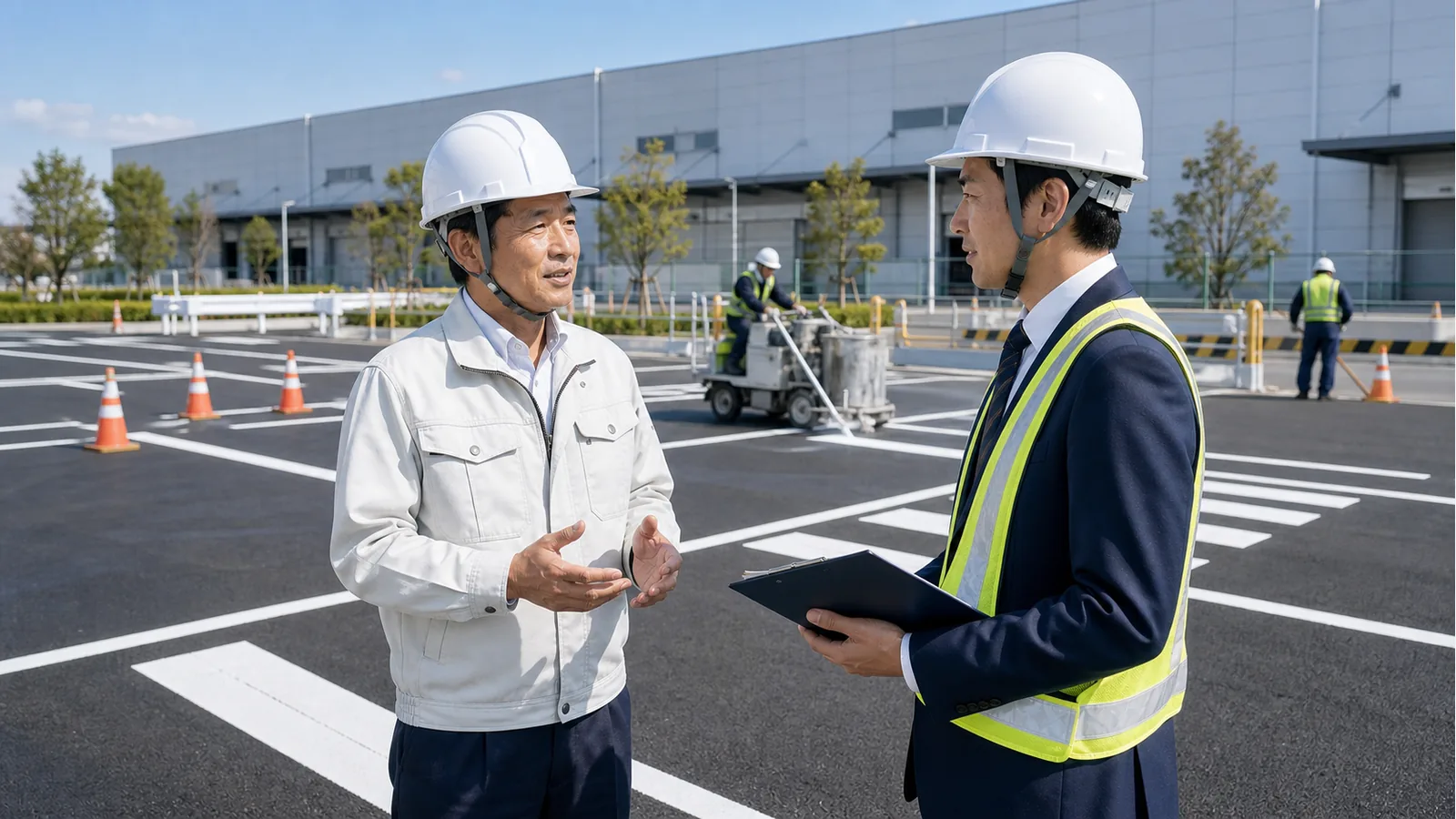 区画線工事の現場で譲渡企業様の代表とM&A担当者が道路標示の承継について相談している様子
