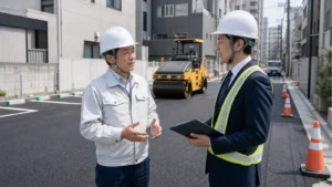 東京の都市部舗装現場で譲渡企業様の代表とM&A担当者が道路維持承継について相談している様子
