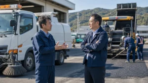 舗装会社 M&A 事例を表す道路清掃車と舗装会社の協業イメージ