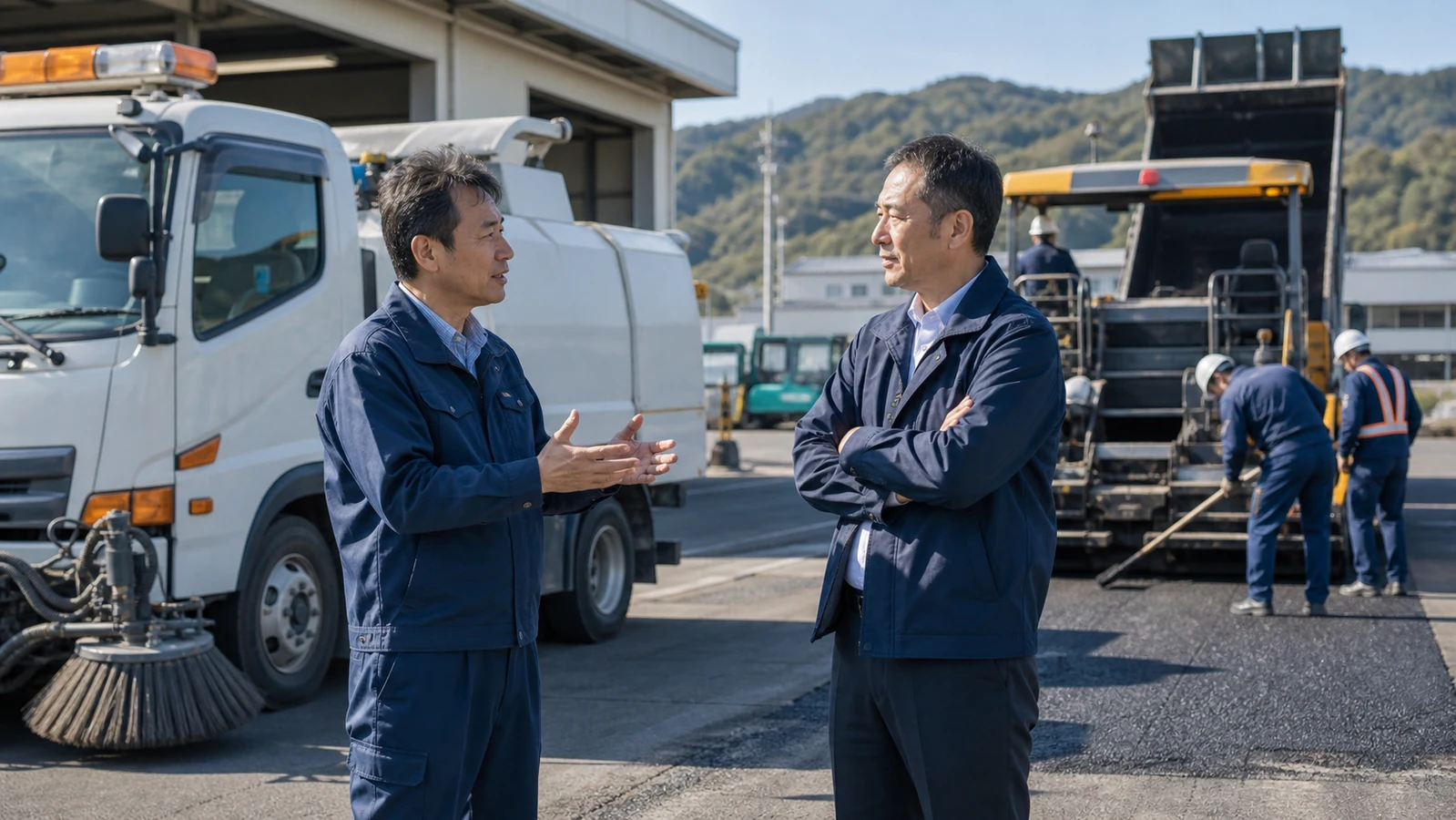 舗装会社 M&A 事例を表す道路清掃車と舗装会社の協業イメージ
