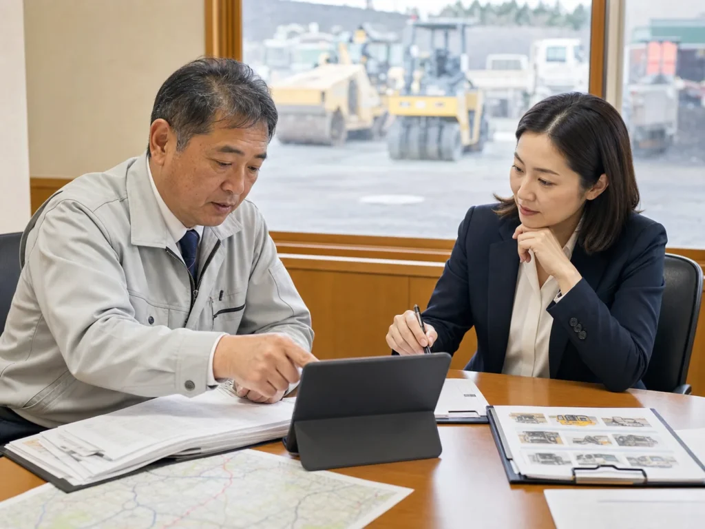 資料を確認しながら相談する経営者と担当者