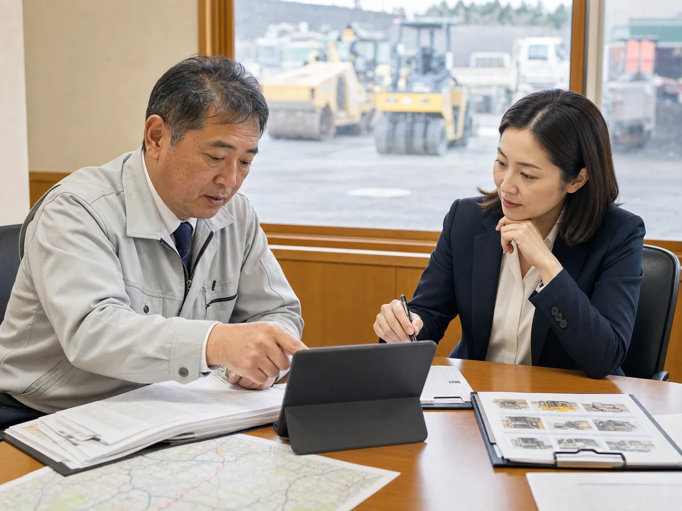 舗装会社の経営者とM&Aアドバイザーが工事資料を確認する様子