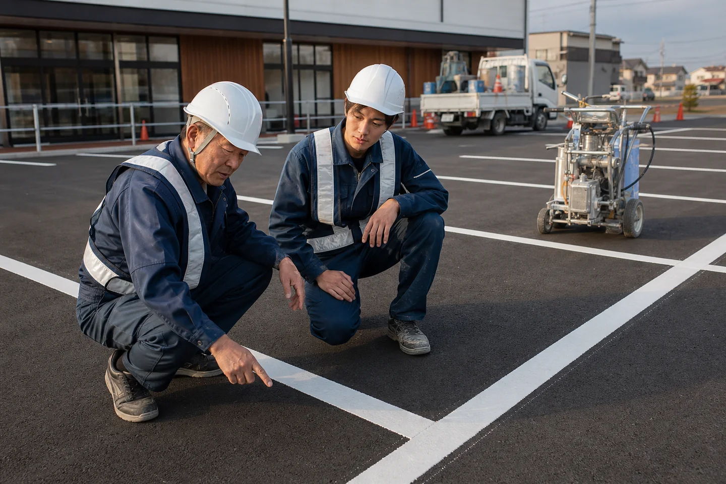 商業施設の駐車場で区画線施工と舗装の仕上げを確認する作業員