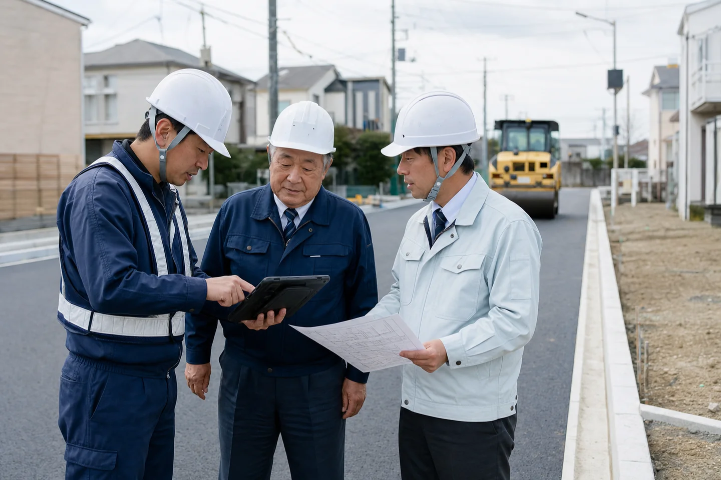 公共道路の舗装工事現場で施工状況を確認する現場監督と検査担当者