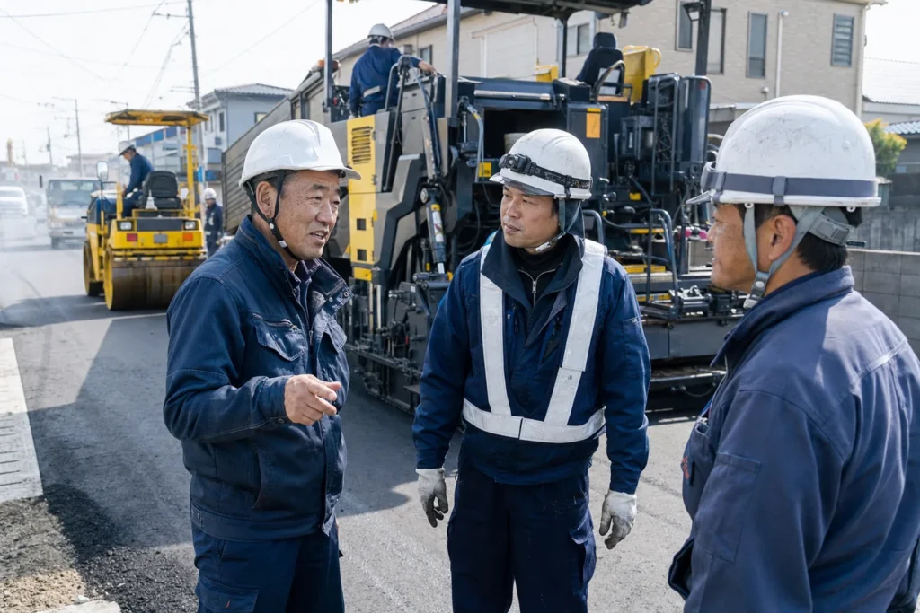 道路舗装現場で作業する施工チーム