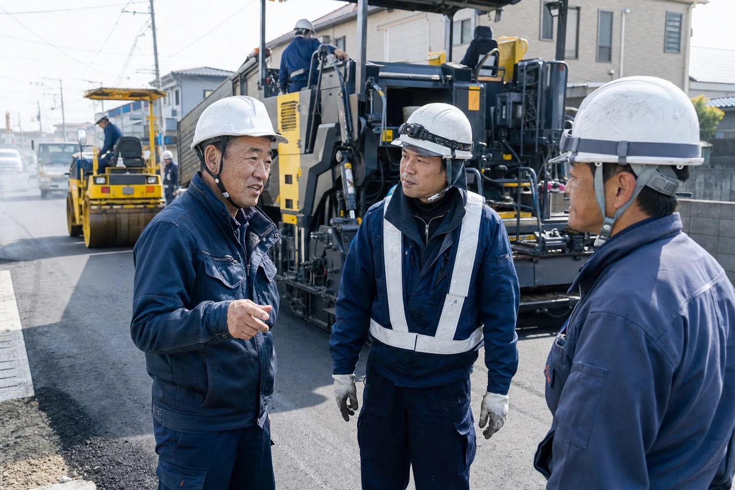 アスファルト舗装工事でフィニッシャーとローラーを運用する舗装会社の施工チーム