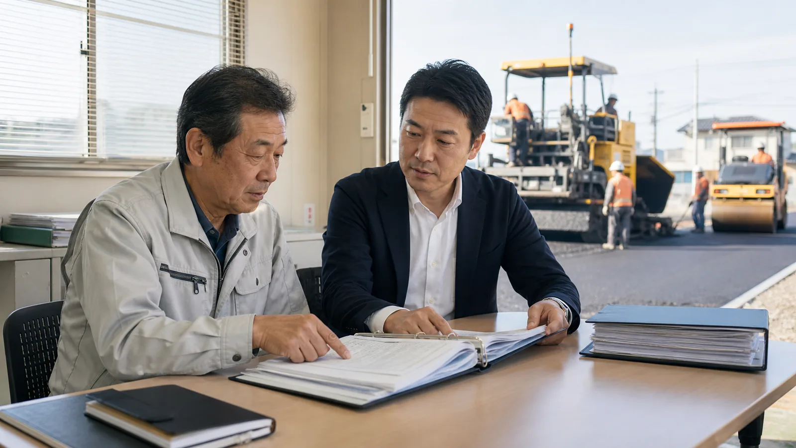 舗装現場を背景に建設業許可・経審・入札資格の資料を確認する舗装会社経営者とM&Aアドバイザー