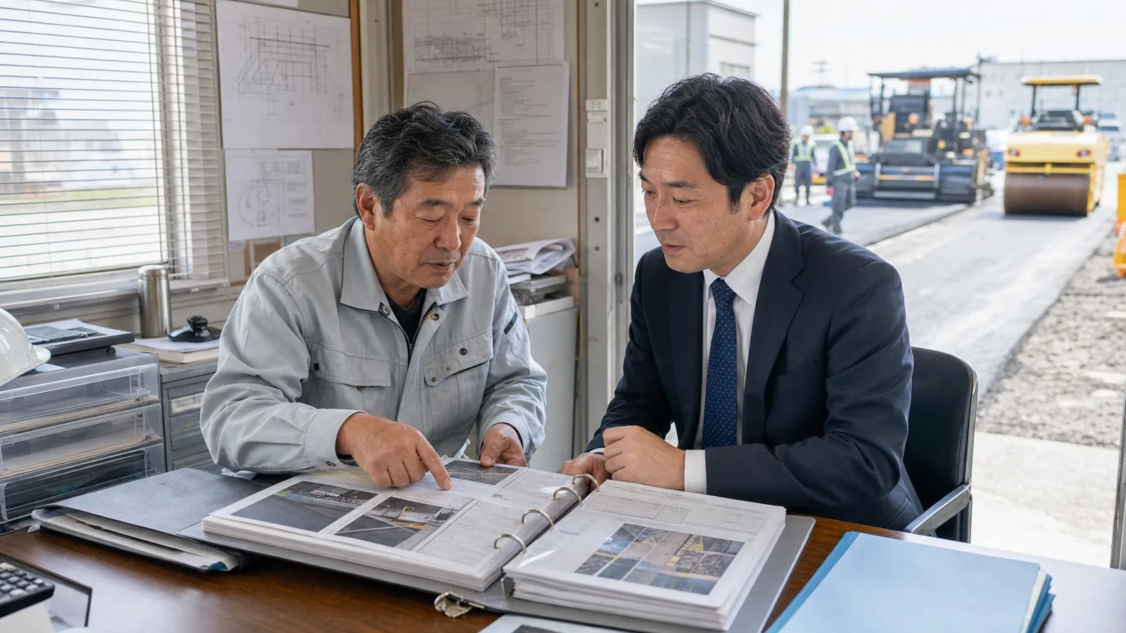 舗装現場を背景に工事別の品質記録と施工写真を確認する舗装会社経営者とM&A担当者