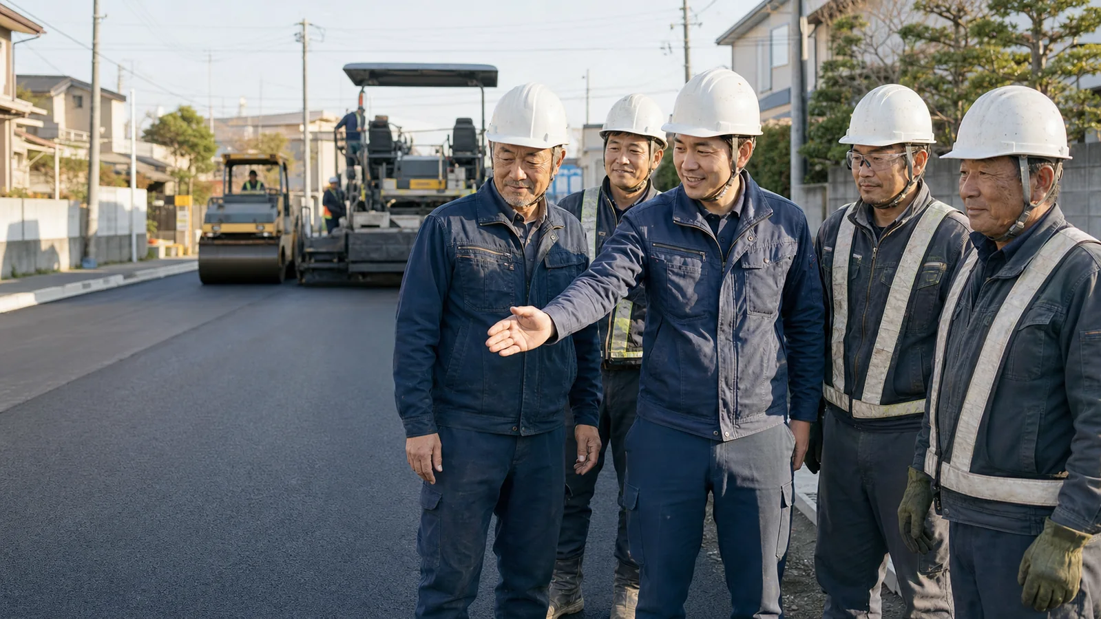 舗装現場で経営者と次世代の責任者、職人が完成した道路を確認する様子