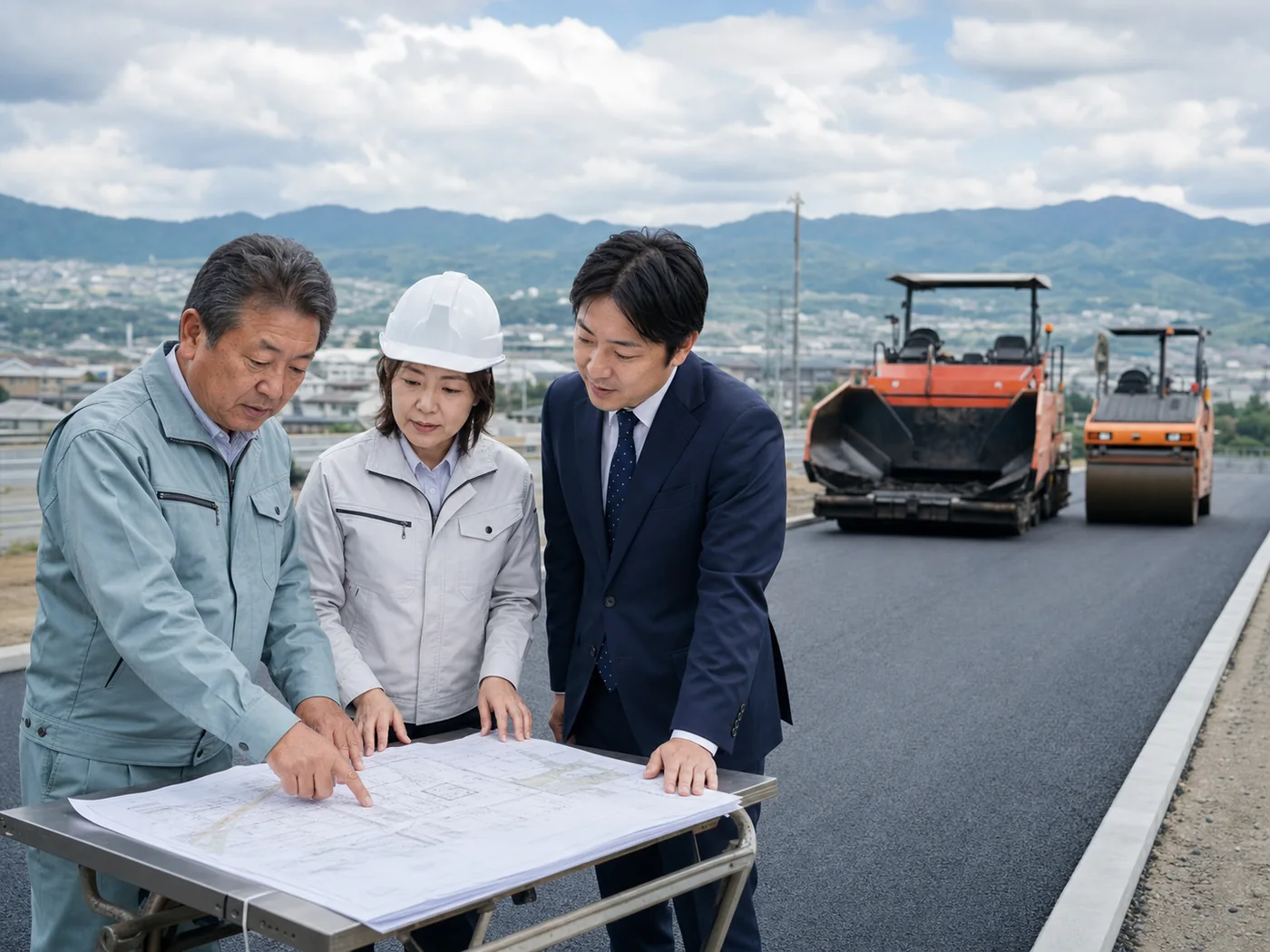 舗装会社の経営者、技術者、M&Aアドバイザーが施工現場で図面を確認する様子