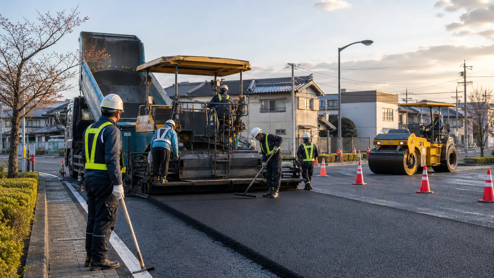 日本の住宅地でアスファルトフィニッシャとローラを用いて舗装する施工班